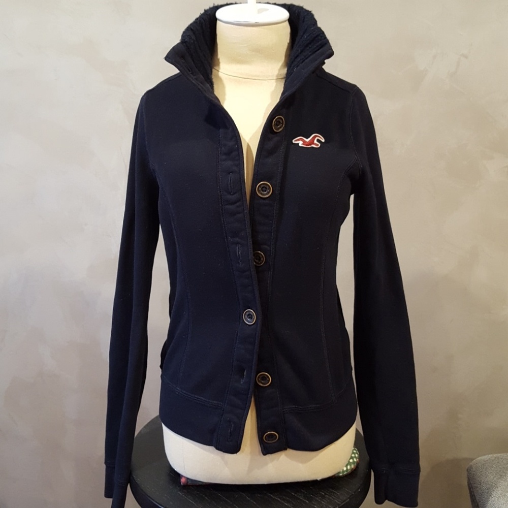 Navy Wood Button Military Style High Collar Jacket